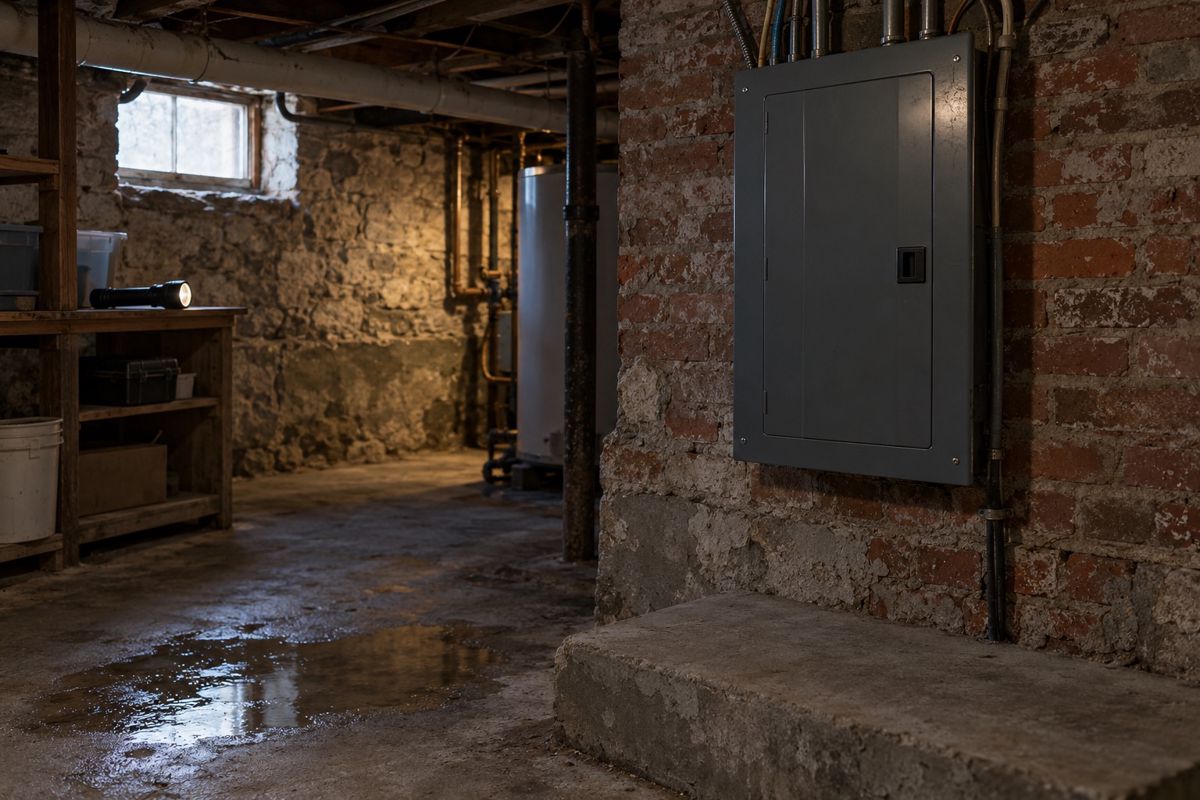 Electrical panel in a basement with water on the floor nearby