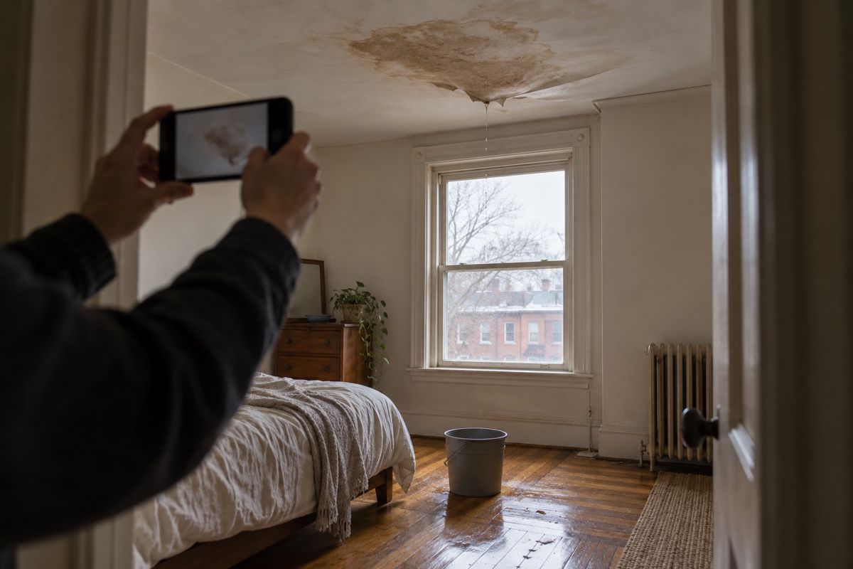 Stained sagging ceiling with a bucket catching drips below