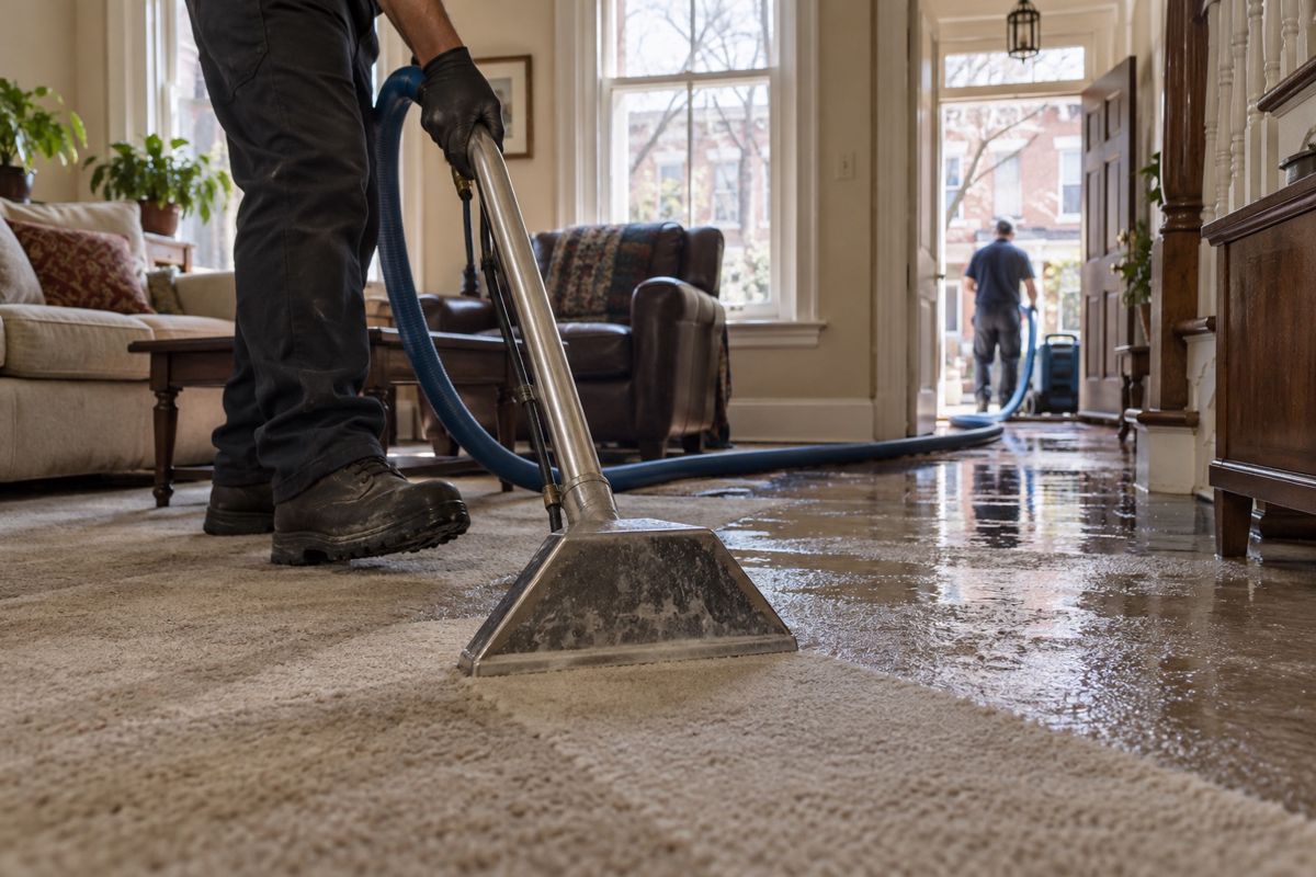 Extractor wand removing standing water from living room carpet