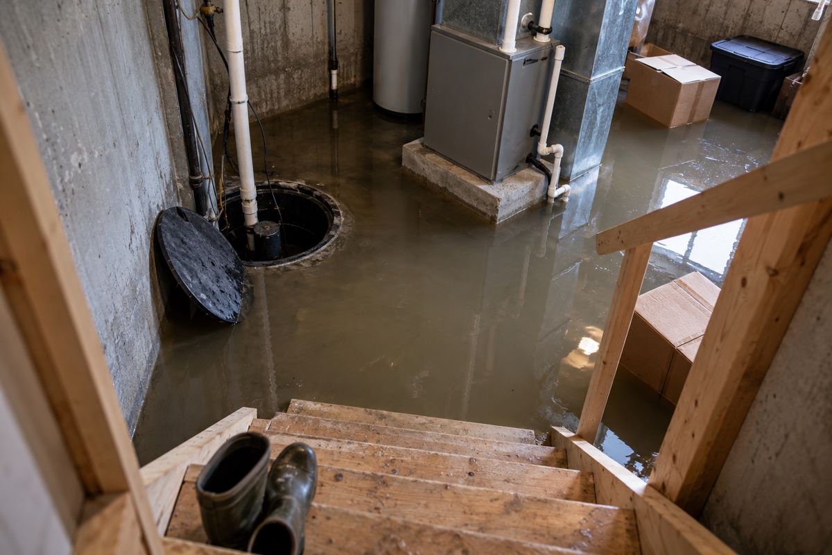 Narrow basement stairs leading into a flooded rowhouse basement