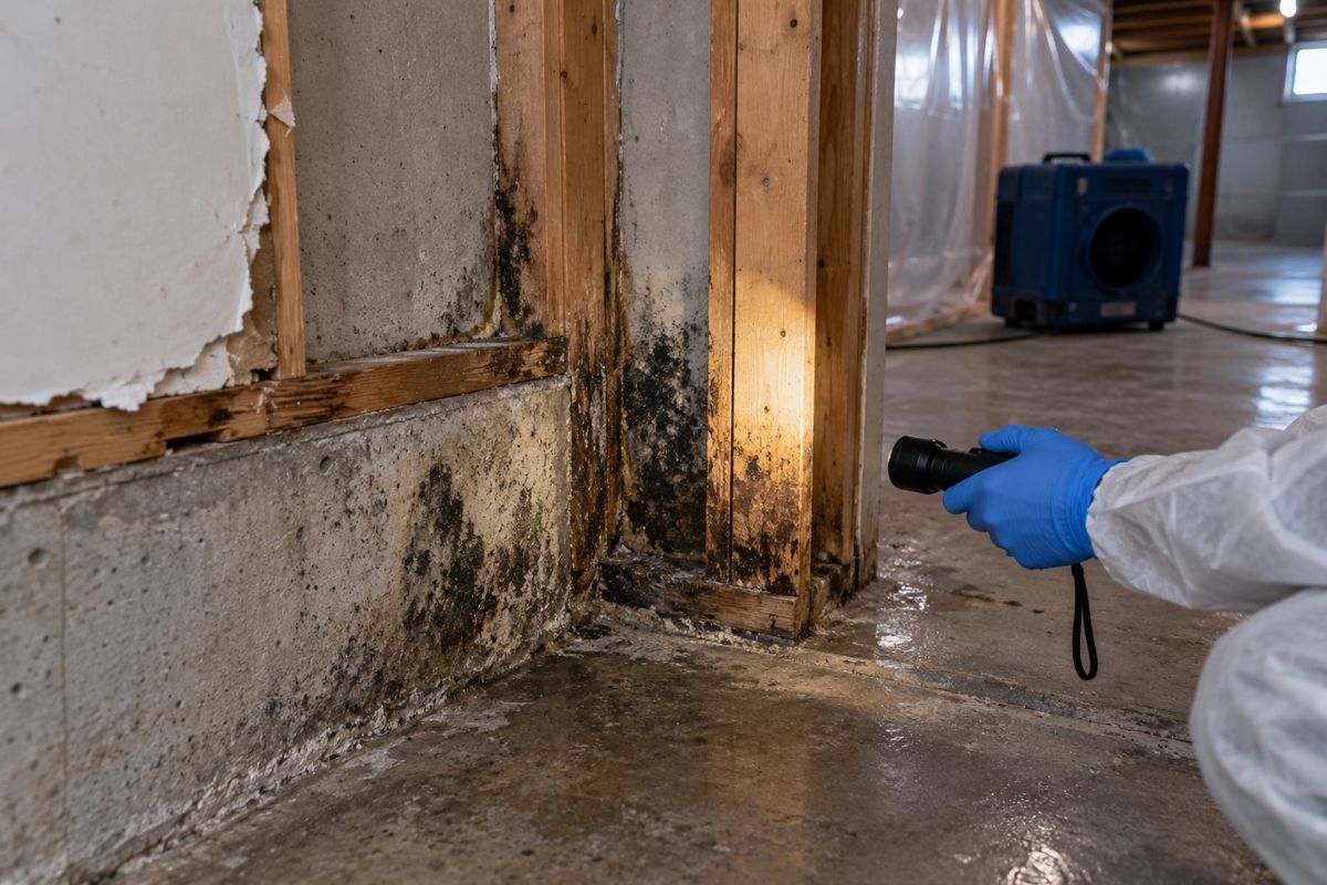 Mold staining on exposed wall studs behind removed drywall