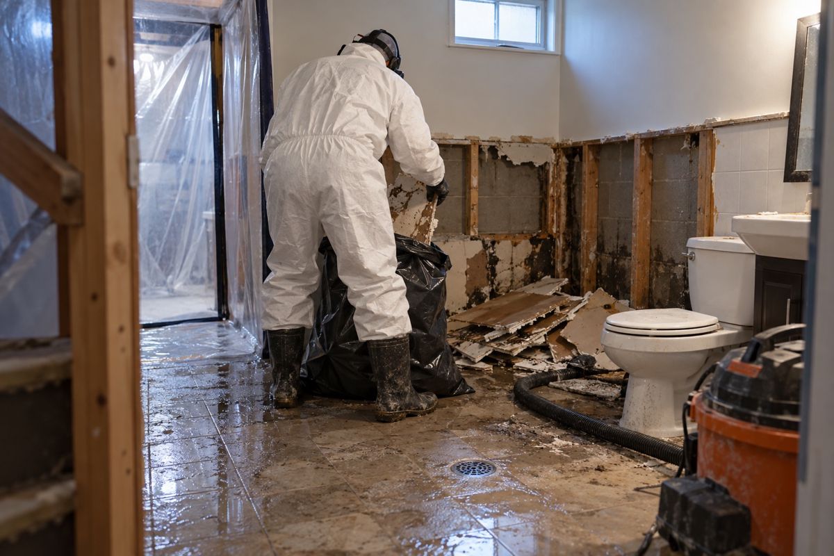Worker in protective gear bagging wet drywall behind plastic sheeting