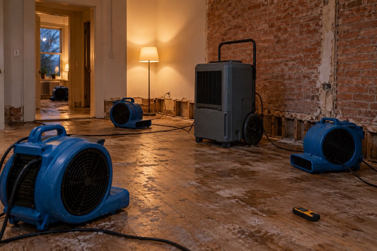 Air movers and dehumidifier drying a room with exposed brick wall